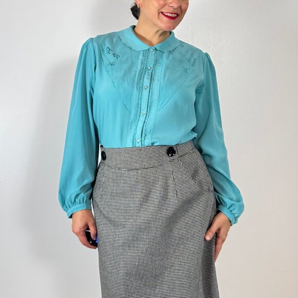Vintage VIRONA Light Teal Embroidered Long Sleeve Blouse - Size 40 EU - Picture 8 of 11